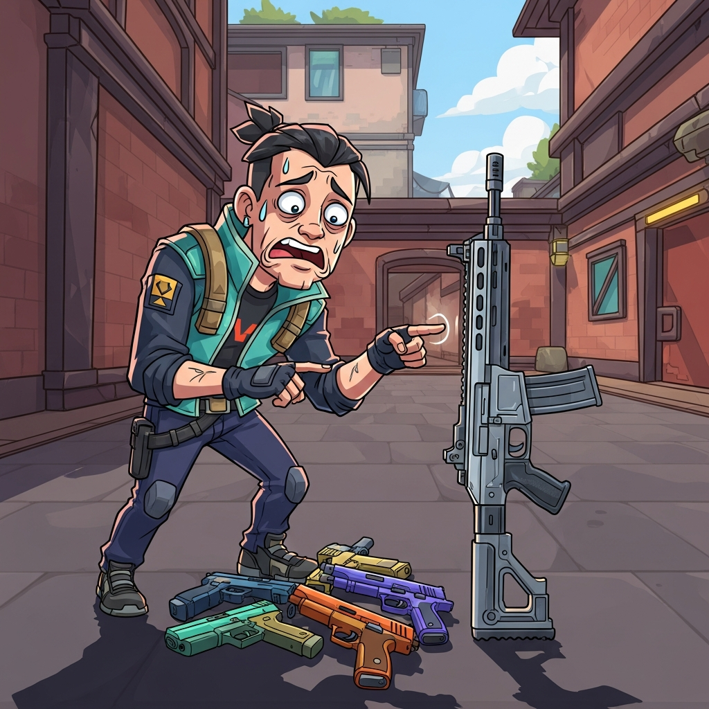 A cartoon-style Valorant agent (like Phoenix or Jett) standing in a tactical shooter environment, looking absolutely devastated next to a small pile of purchased pistols, while desperately pointing at an expensive Vandal rifle that is just out of reach. Emphasize comedic despair, bright colors, cinematic lighting.