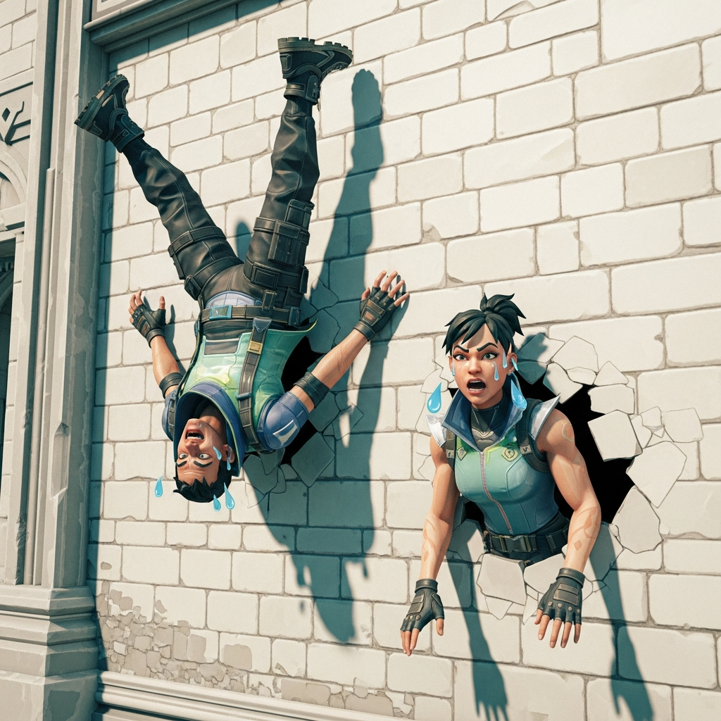 A highly exaggerated, funny scene of two Valorant agents comically stuck mid-air or clipping half-way through a wall on a brightly lit map like Ascent, with big sweat drops and frantic, frustrated facial expressions due to a ridiculous bug or unlucky physics interaction. Tactical FPS style.