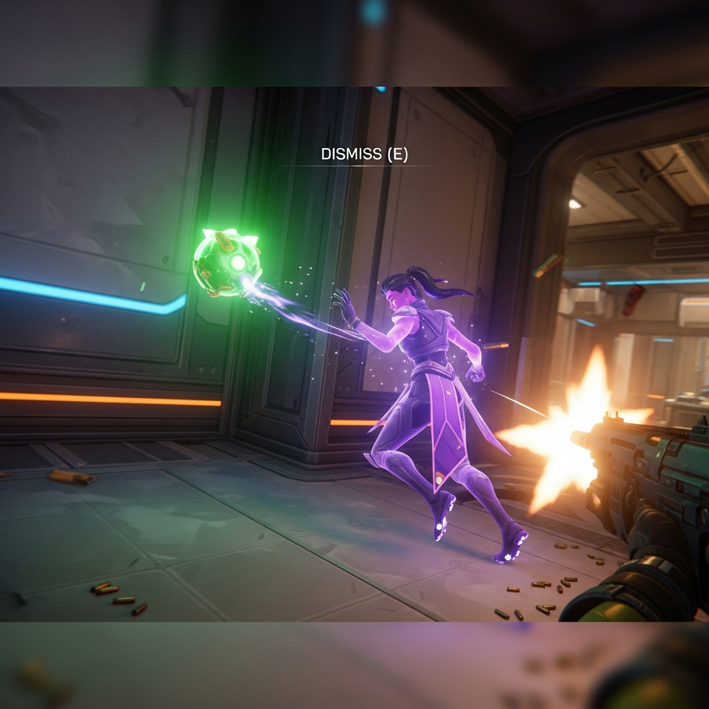 A dynamic action shot of Reyna using DISMISS (E) after securing a kill, her body momentarily translucent and purple, leaving the enemy's green Soul Orb floating in the air, captured from an intense first-person shooter perspective, high energy.