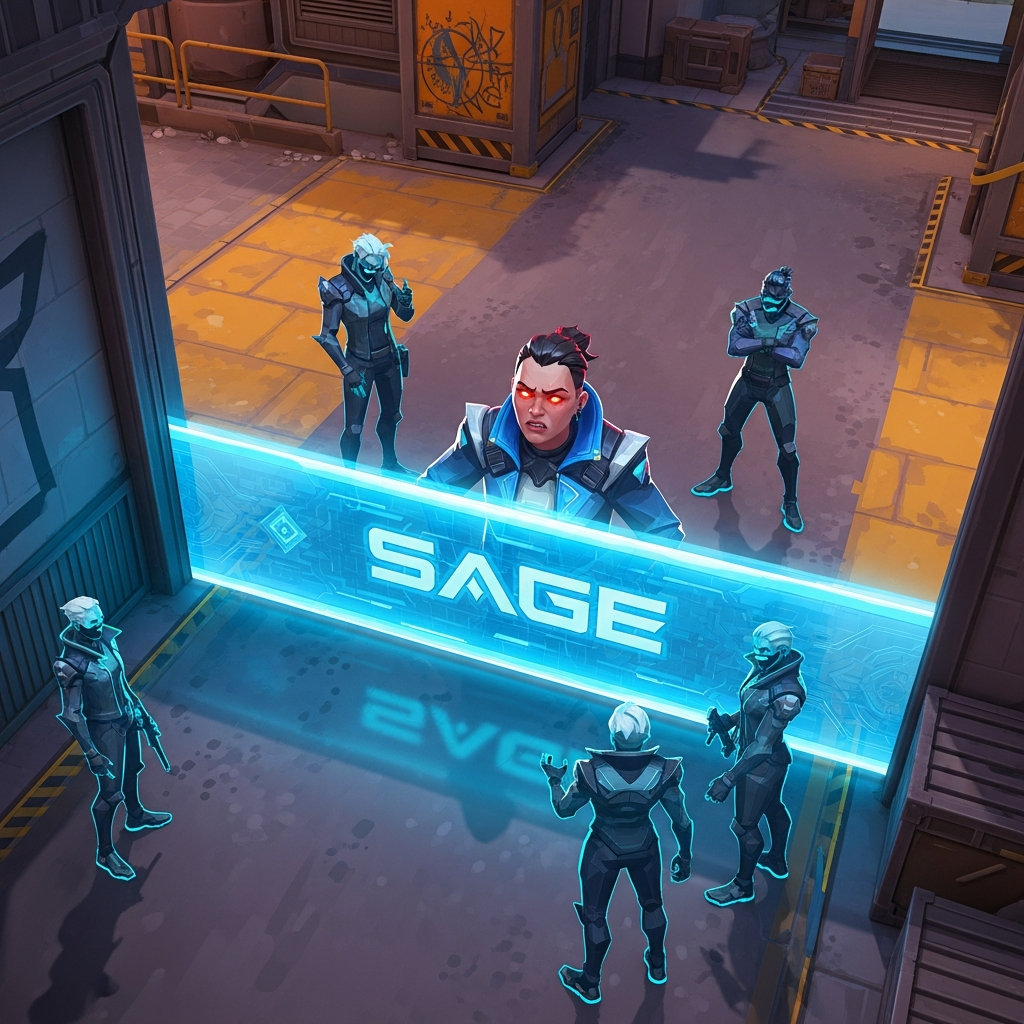 A dramatically lit, frustrating scene in the VALORANT map 'Split'. A single, high-ranked player character (representing the solo queue) is trapped behind a deliberately placed, glowing blue Sage wall, while four smaller, shadowy, mischievous figures stand nearby, laughing. The central player looks visibly annoyed, highly detailed, cinematic style.
