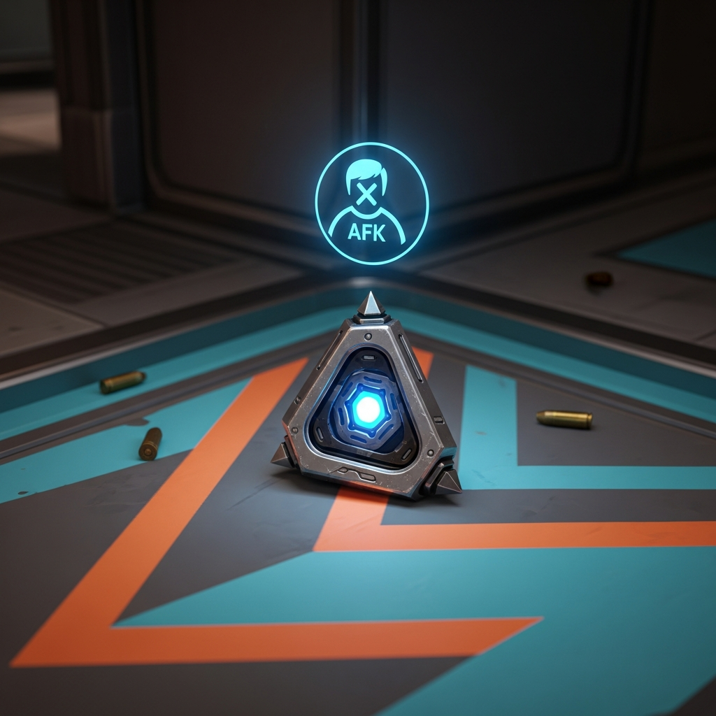 A close-up shot of the VALORANT Spike lying abandoned on the ground in a brightly colored corner of a map, symbolizing an intentionally thrown round. The atmosphere is tense and quiet, contrasting the usual action. Above the Spike, a ghosted player icon hovers, suggesting AFK or throwing the match. Tactical FPS game aesthetic.