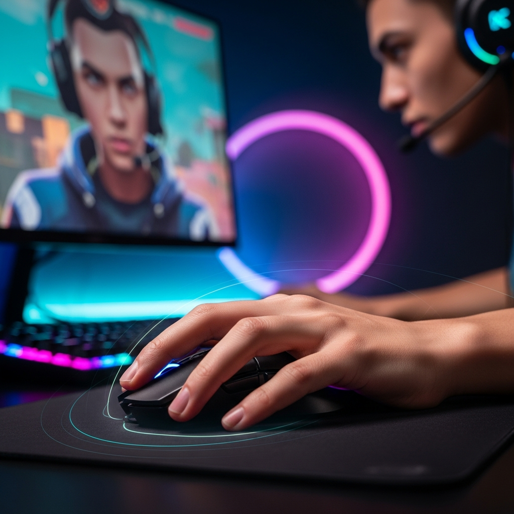 A dramatic, close-up shot of a Valorant player's hand aggressively controlling a gaming mouse, with the intense concentration reflecting on their face, framed by a dark, high-contrast gaming environment. Emphasize the motion blur of fast aiming.