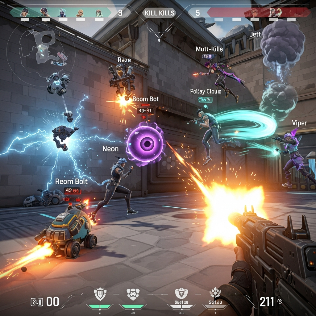A highly energetic, first-person view of a Valorant Team Deathmatch scene, showing immediate multi-kills with intense muzzle flashes and colorful agent abilities (like Raze's boom bot or Jett's dash), capturing the non-stop speed of TDM. Cinematic lighting.