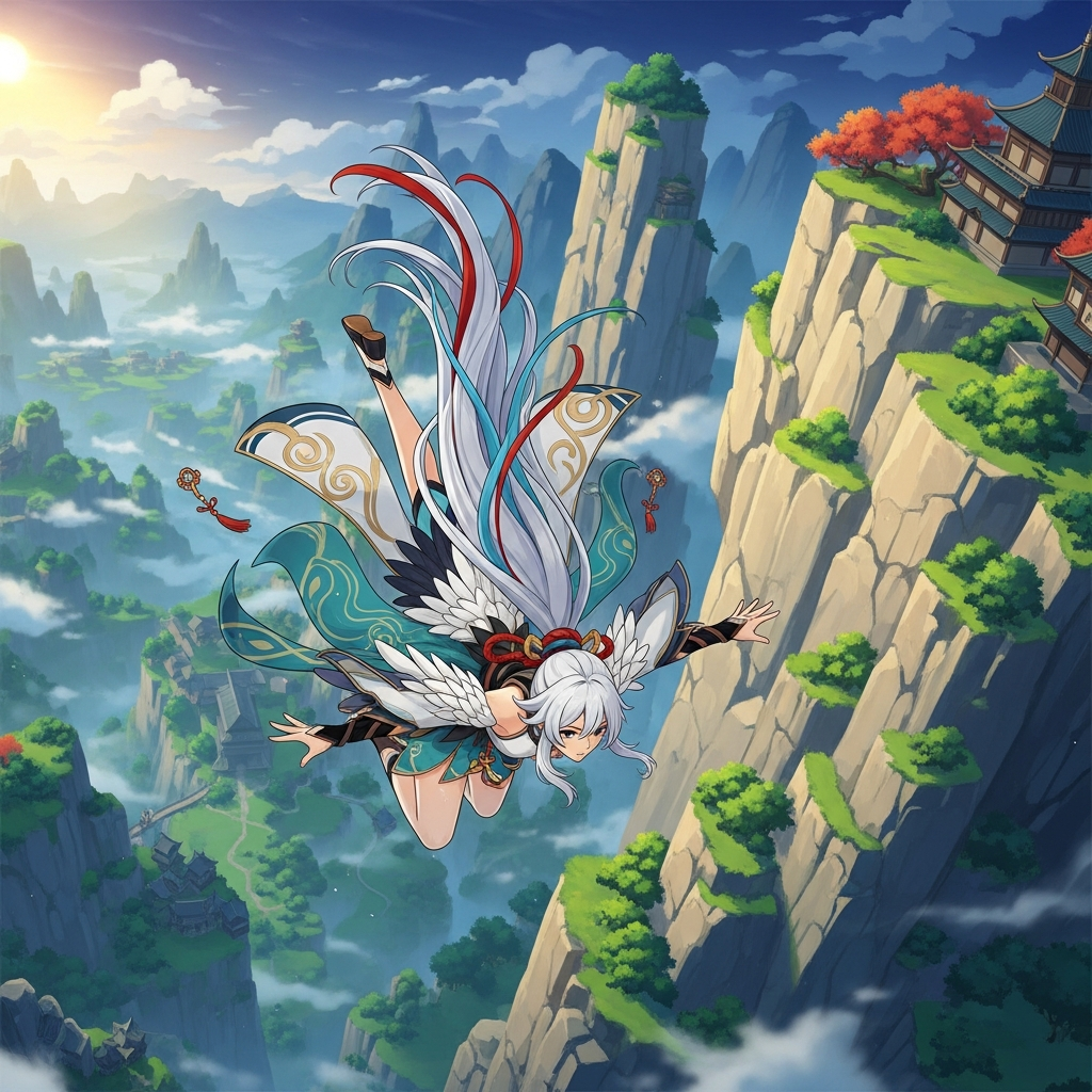 A dramatic digital painting of Genshin Impact character Xianyun (Cloud Retainer) free-falling from a massive, stylized Liyue cliff, emphasizing the height and speed, with no skill activated. Cinematic, high-detail, vibrant fantasy style.