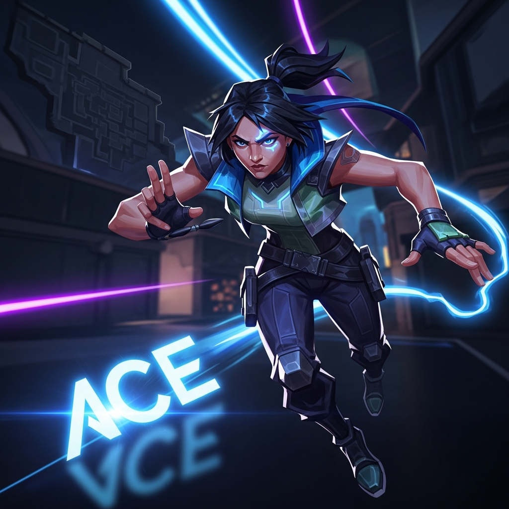 A dramatic, cinematic digital painting of a Valorant agent (Raze or Jett) in mid-air, achieving an Ace. The background is dark, illuminated by neon lines and speed effects, focusing on the agent's determined face. The word 'ACE' glows intensely in the foreground.