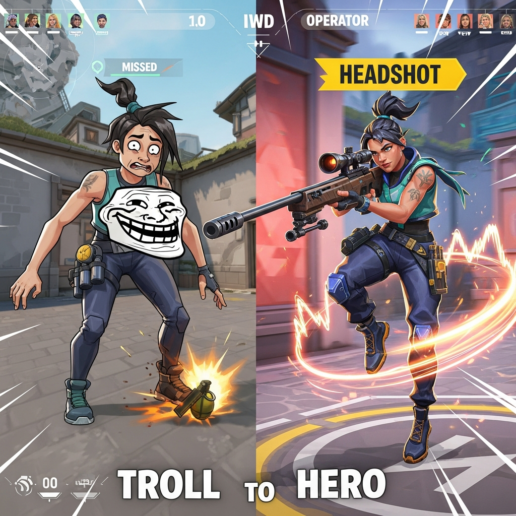 A split image representing a 'troll to hero' transition in Valorant. One side shows a player making a funny, clumsy mistake (low effort), the other side shows the same player instantly transforming into a highly skilled, focused sniper achieving a headshot, with dynamic motion lines and epic background music visualization.