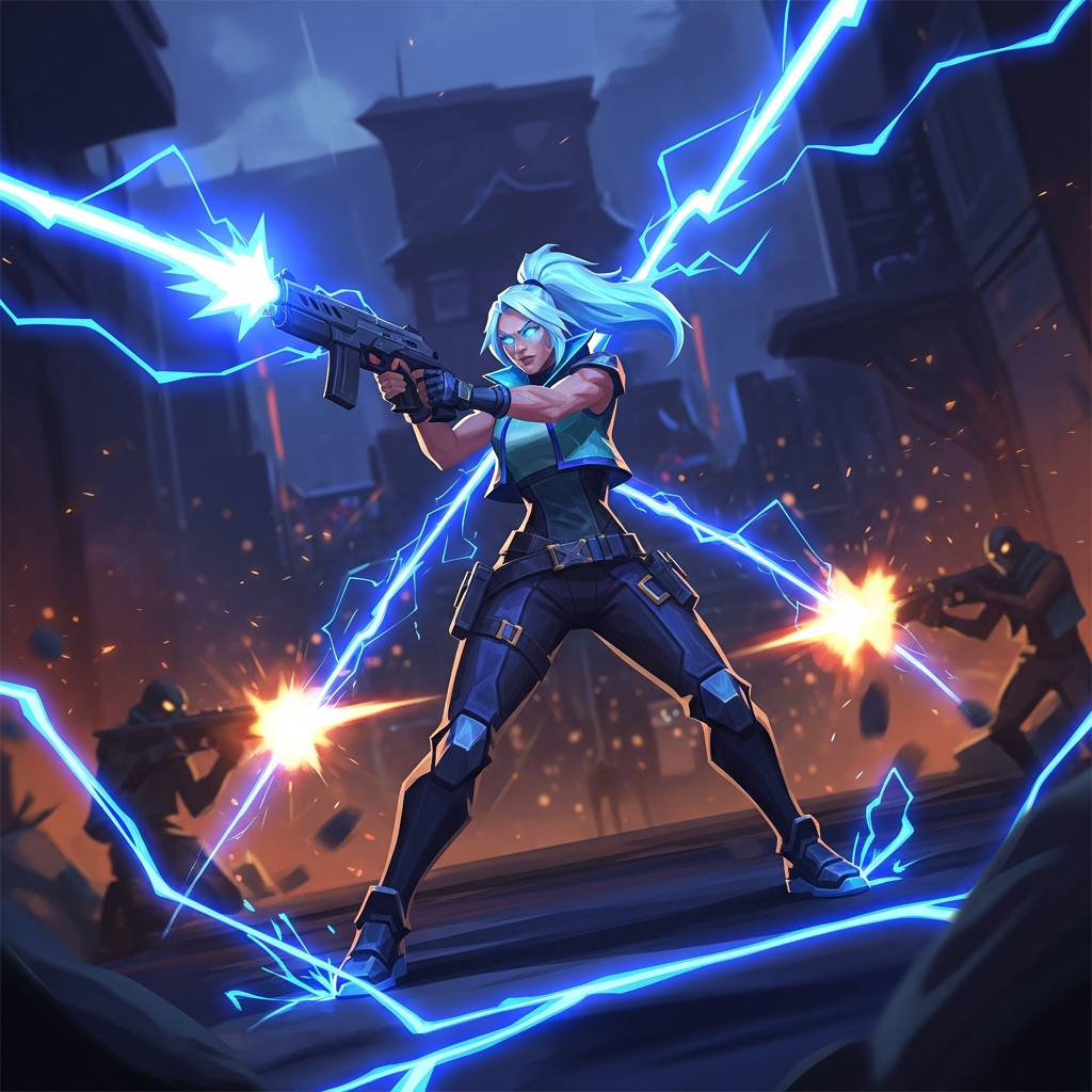 A highly stylized, dramatic digital painting of the Valorant Agent Neon executing a 1v5 clutch, surrounded by electric blue lightning streaks and muzzle flashes. The background is a dark, intense Valorant map site. Cinematic lighting.