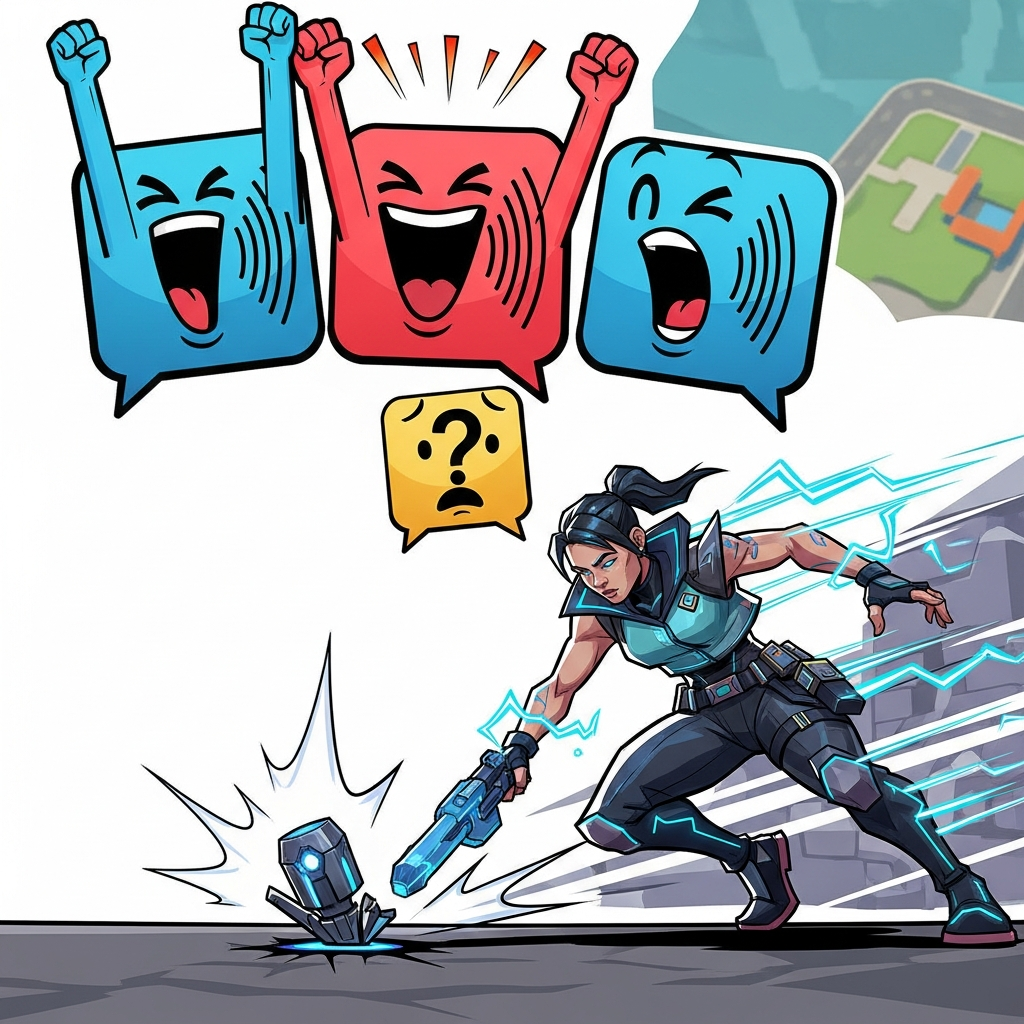 A humorous, stylized illustration showing three excited Valorant player icons (voice chat symbols) cheering loudly, while one bewildered player icon looks on. Below them, the Agent Neon is seen successfully planting the Spike. Highly saturated colors, comic book style.