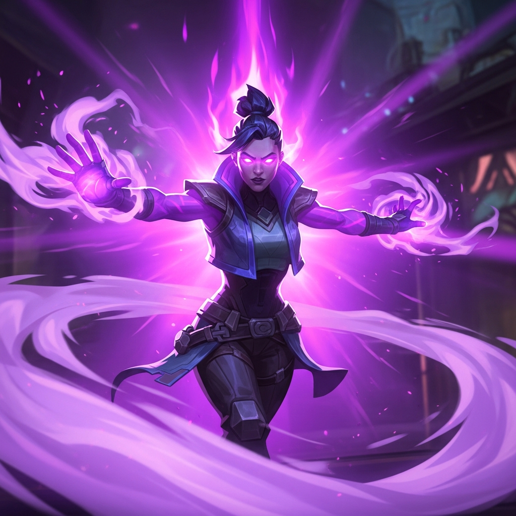 Valorant Reyna character aggressively activating Empress ultimate, intense purple glow and ethereal mist surrounding her, cinematic action shot.