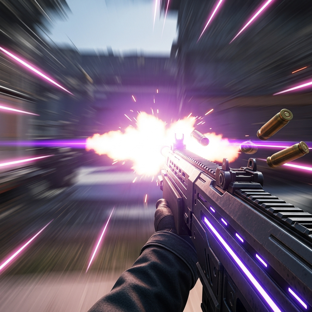 First-person shooter view (FPS POV) of a Phantom rifle rapidly firing, strong purple muzzle flash, action blur suggesting high speed and multi-kill sequence.
