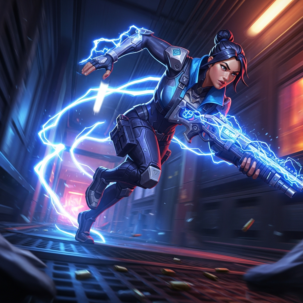 A dynamic, cinematic shot of VALORANT Agent Neon sprinting at high speed, leaving blue electric trails, while aggressively holding a glowing Bucky shotgun. Close-quarters combat setting, intense focus.