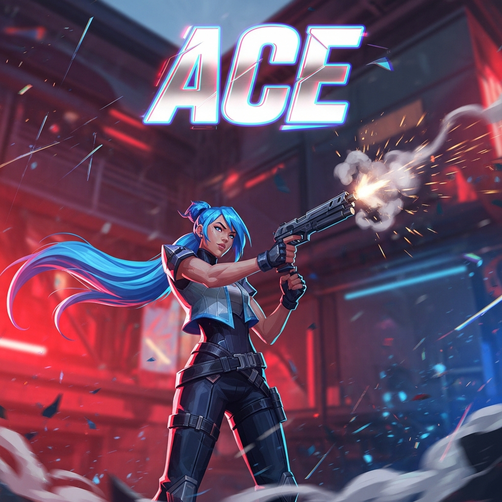 A stylized digital painting capturing the shock and thrill of a VALORANT 'Ace' achievement. Neon stands triumphantly amidst smoky muzzle flashes, with the game's 'ACE' text brightly overlaid. Red and blue lighting.