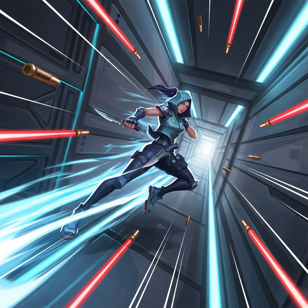 A dynamic, high-speed illustration of the Valorant agent Jett performing a quick 'Dash' ability to dodge multiple incoming bullets in a narrow hallway, depicted in the game's stylized art.