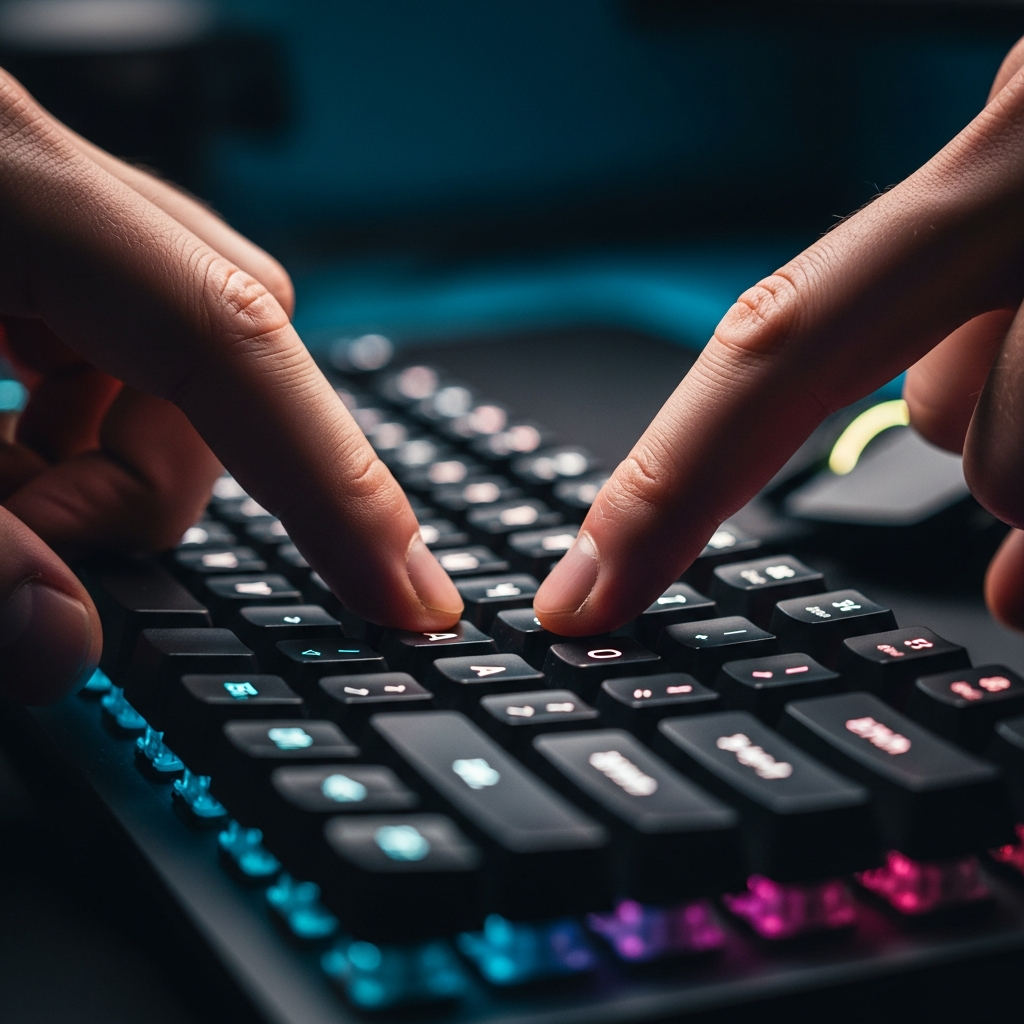 A photorealistic, intense close-up of a hand quickly executing the 'A-D-A' counter-strafing movement on a gaming keyboard, emphasizing precision and lightning-fast reaction time in a dark gaming setup.