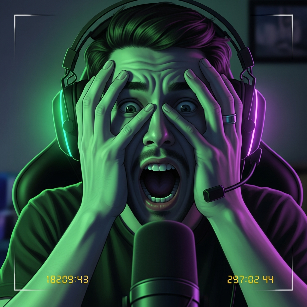 A streamer, seen through a webcam, screaming with exaggerated shock, hands covering face, wearing headphones, illuminated by vibrant green and purple gaming setup light. Digital art style.