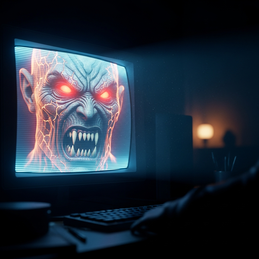 A stylized, intense close-up of a monstrous creature's face suddenly appearing on a computer screen, contrasting sharply with a dark, tension-filled room. Cinematic lighting.