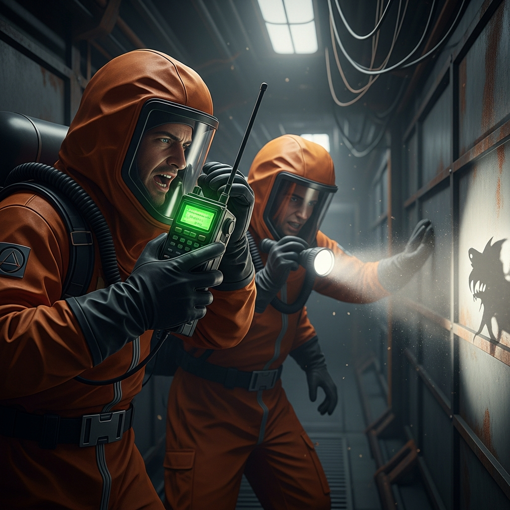 Two anxious player characters (in hazmat suits) in a dark, confined space, one shouting into a handheld radio while the other shines a trembling flashlight towards an unseen, threatening shadow. Focus on the chaotic and jumpy co-op horror element.