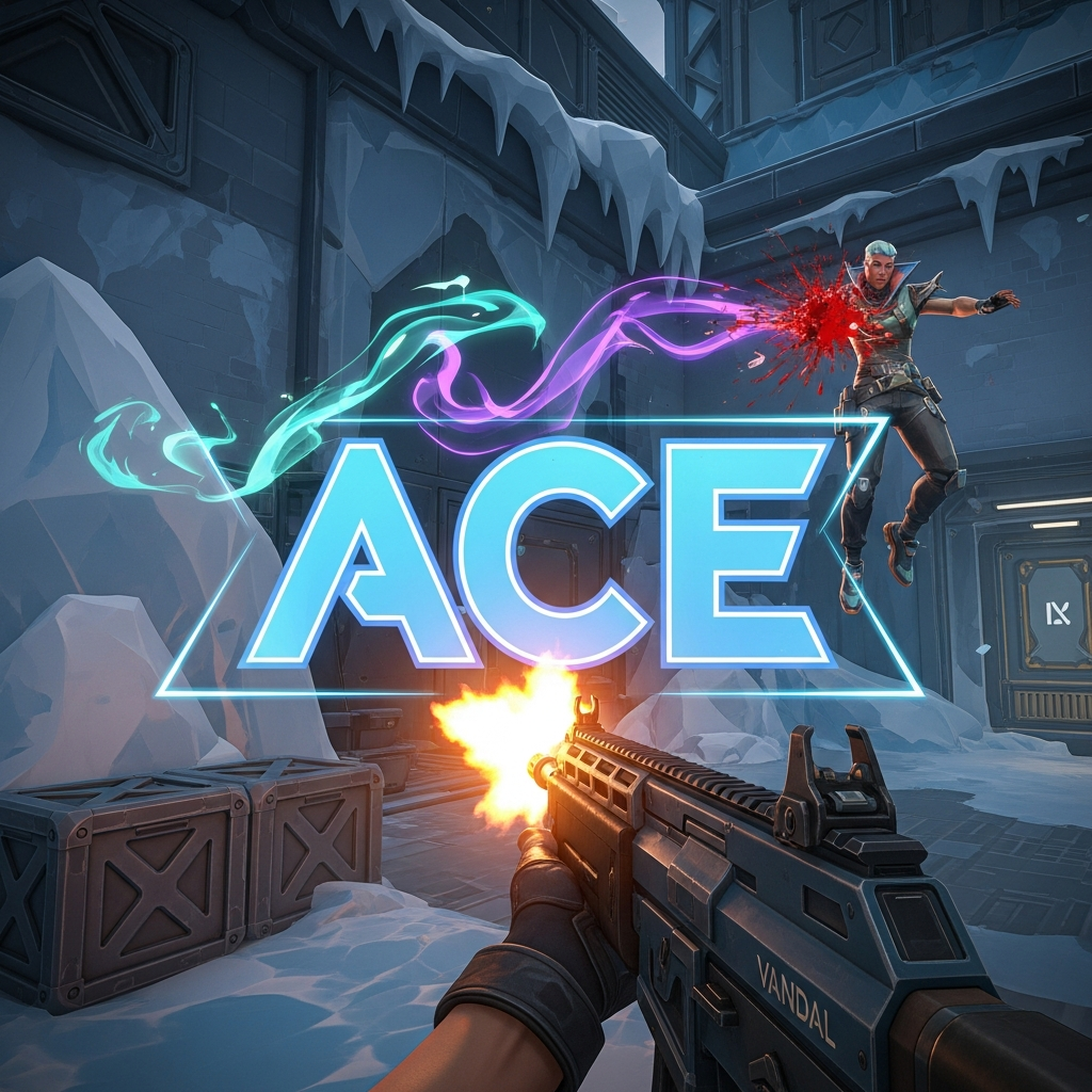 A dramatic, first-person view image from the tactical FPS game Valorant, showing the moment a player secures the 5th kill for an 'Ace'. Intense muzzle flash, clear 'ACE' text overlay, and stylized neon energy representing agent abilities. Highly detailed, cinematic lighting.
