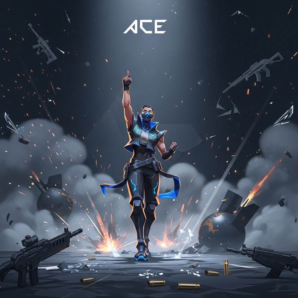 A Valorant Duelist Agent (like Jett or Reyna) standing victorious on a bomb site after a flawless 'Ace'. The background is smokey and chaotic, highlighting the focus on the lone player. Minimalist, modern game aesthetic.