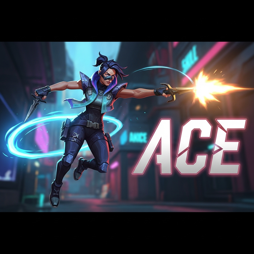 A highly stylized, dynamic scene from Valorant where an Agent (Jett or Reyna) is mid-action, achieving a 5-kill 'Ace'. The background is neon-lit and blurred, focusing on the muzzle flash and the dramatic 'ACE' text overlay. Cinematic style, high contrast.