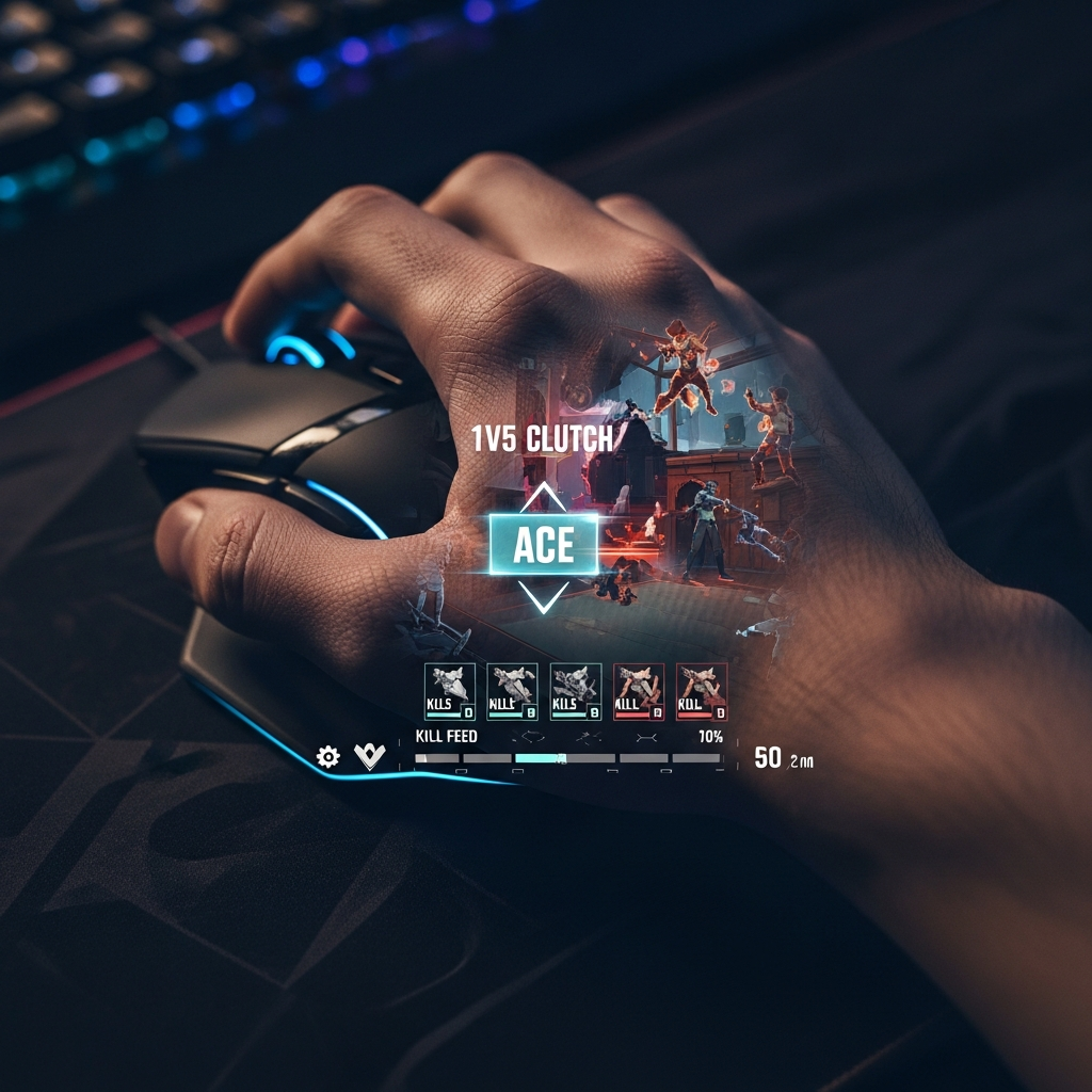 A close-up shot of a Valorant player's hand gripping a mouse, with intense focus visible on the computer screen reflection. The screen shows a chaotic final moment of a 1v5 clutch leading to an 'ACE' notification. Technical gaming setup, dark and moody lighting.
