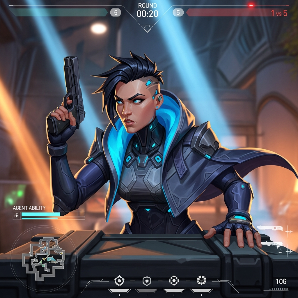 A Valorant agent (like Jett) intensely focusing during a 1 vs 5 clutch situation, dramatic lighting emphasizing the pressure, with HUD elements faintly visible.