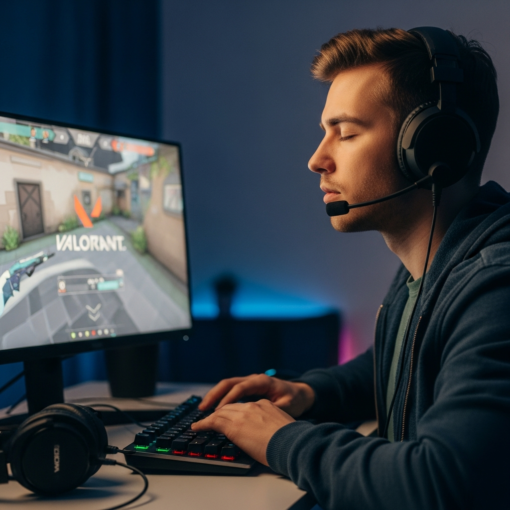 A gamer taking a deep, calming breath while sitting in front of a slightly blurred Valorant game screen, illustrating mental resilience and tilt prevention.