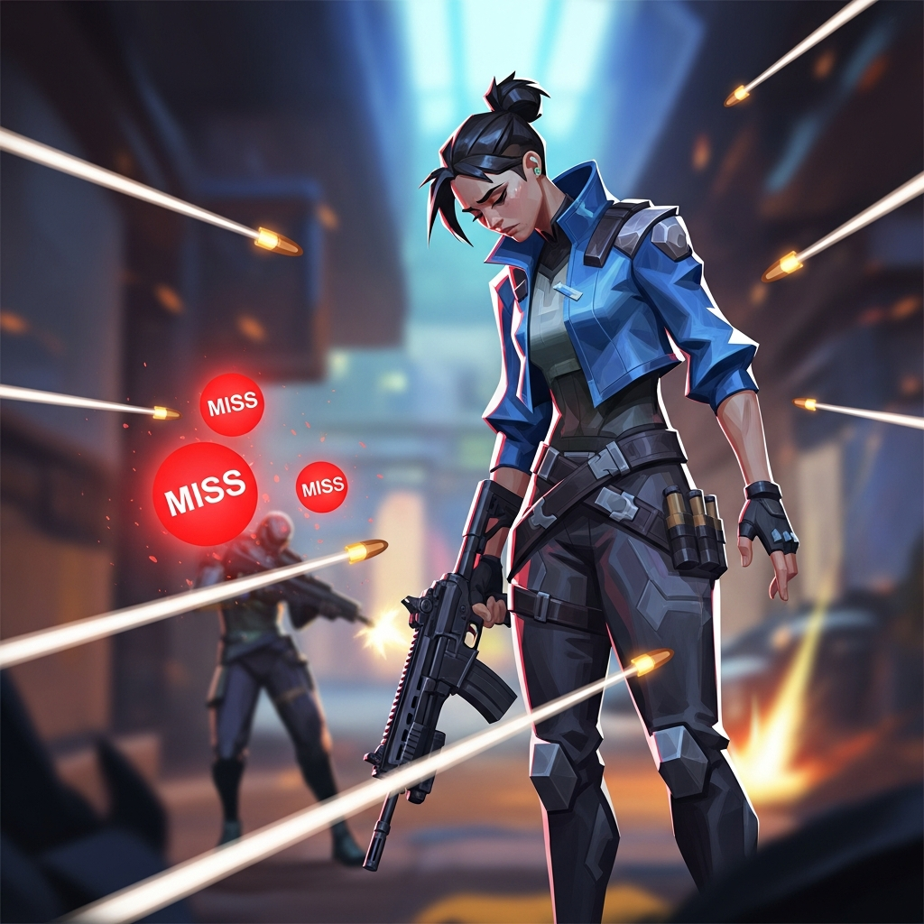 A frustrated VALORANT agent (Phoenix or Jett) standing in a chaotic Deathmatch scenario, holding a Vandal, with visible red 'miss' hit markers and bullet trails surrounding a nearby enemy. Emphasize the feeling of 'frozen hands' or a slump. Digital art style.
