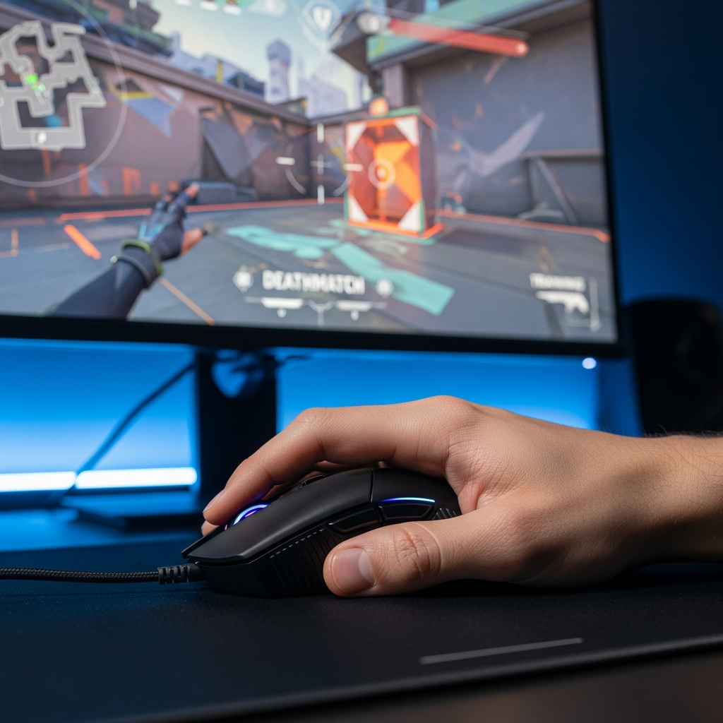 A close-up, high-detail shot of a professional gamer's hand gripping a mouse, perfectly tracking a virtual target on the screen. The focus is on precision and concentration during an intense VALORANT Deathmatch training session. Dark, futuristic gaming aesthetic.