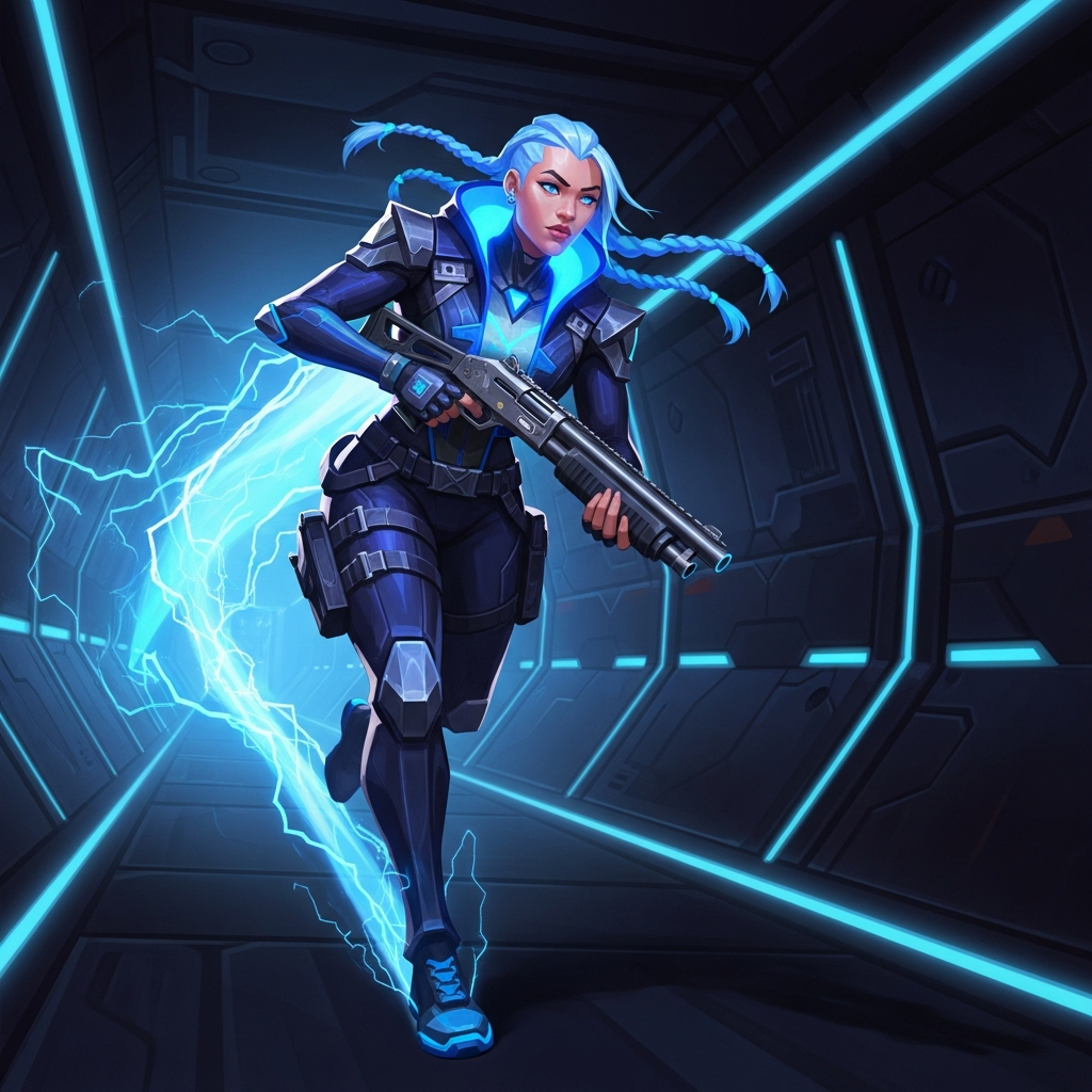 Valorant Neon, glowing electric blue, sprinting aggressively with a Bucky shotgun through a dark tunnel.