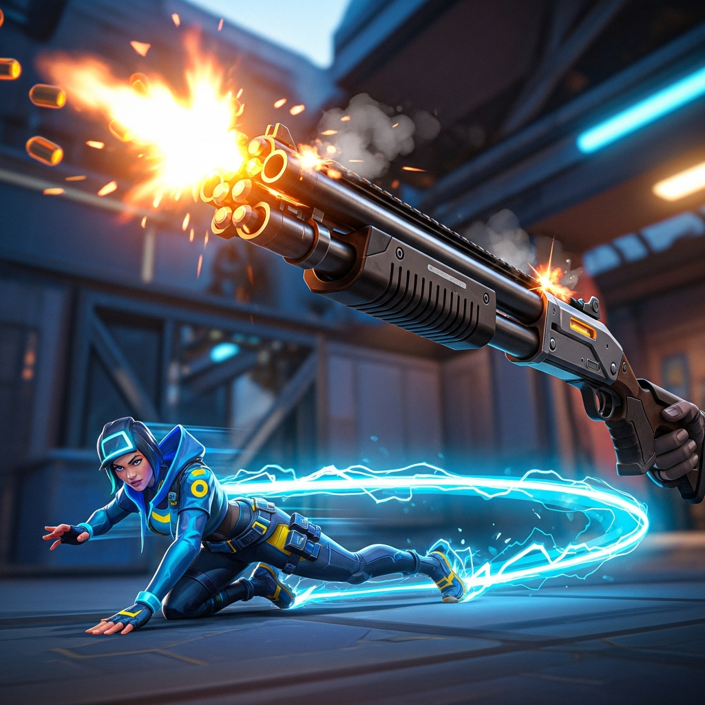 A dramatic close-up of a Bucky shotgun firing mid-air as Neon performs a high-speed slide in a Valorant map.
