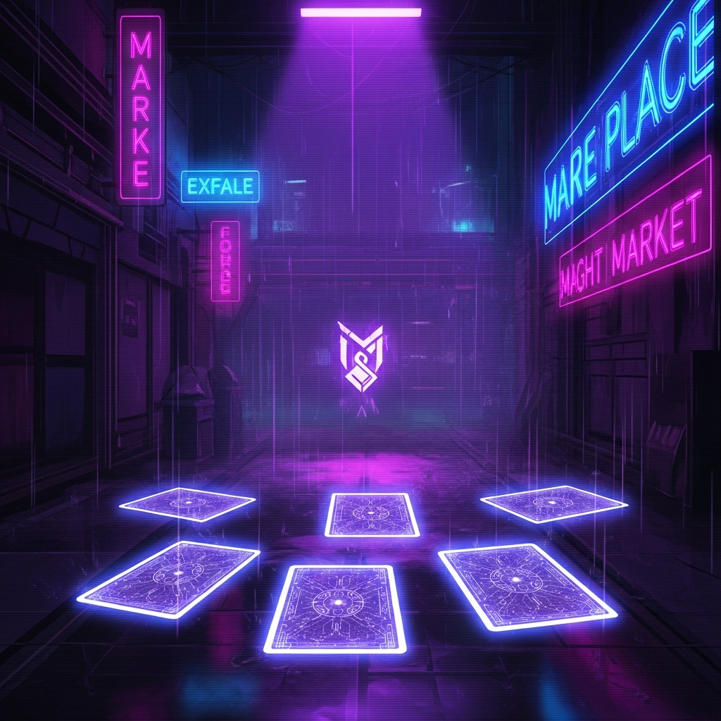 A neon-noir styled illustration of a dark, futuristic alleyway, featuring six glowing, face-down playing cards that represent the Valorant Night Market, with mysterious purple light shining on them. Highly detailed, Valorant UI aesthetic.