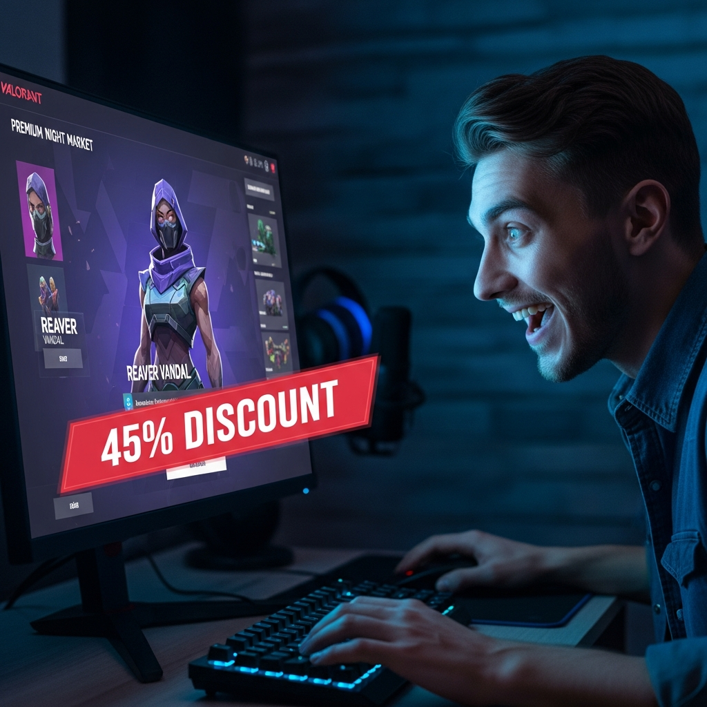 A thrilled gamer sitting in front of a monitor, brightly illuminated by the Valorant Night Market screen which shows a Premium Vandal skin (like the Reaver or Prime Vandal) with a big, bold 45% discount tag, capturing the moment of excitement.