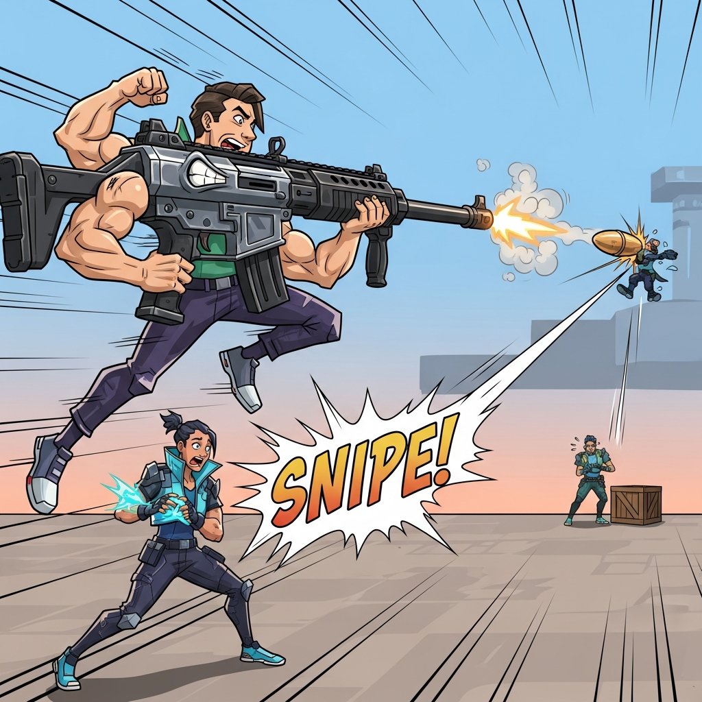 A humorous, stylized cartoon panel showing a Valorant Spectre gun aggressively reaching past a main agent to snipe the last enemy target, causing dramatic shock.