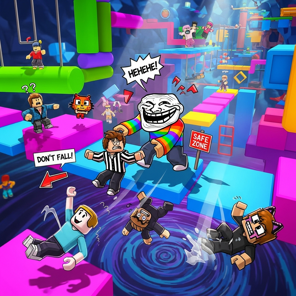 A chaotic Roblox obstacle course (Obby) scene. A mischievous, brightly colored 'troll' avatar is laughing while pushing other confused avatars off the edge. Digital art, dramatic lighting.