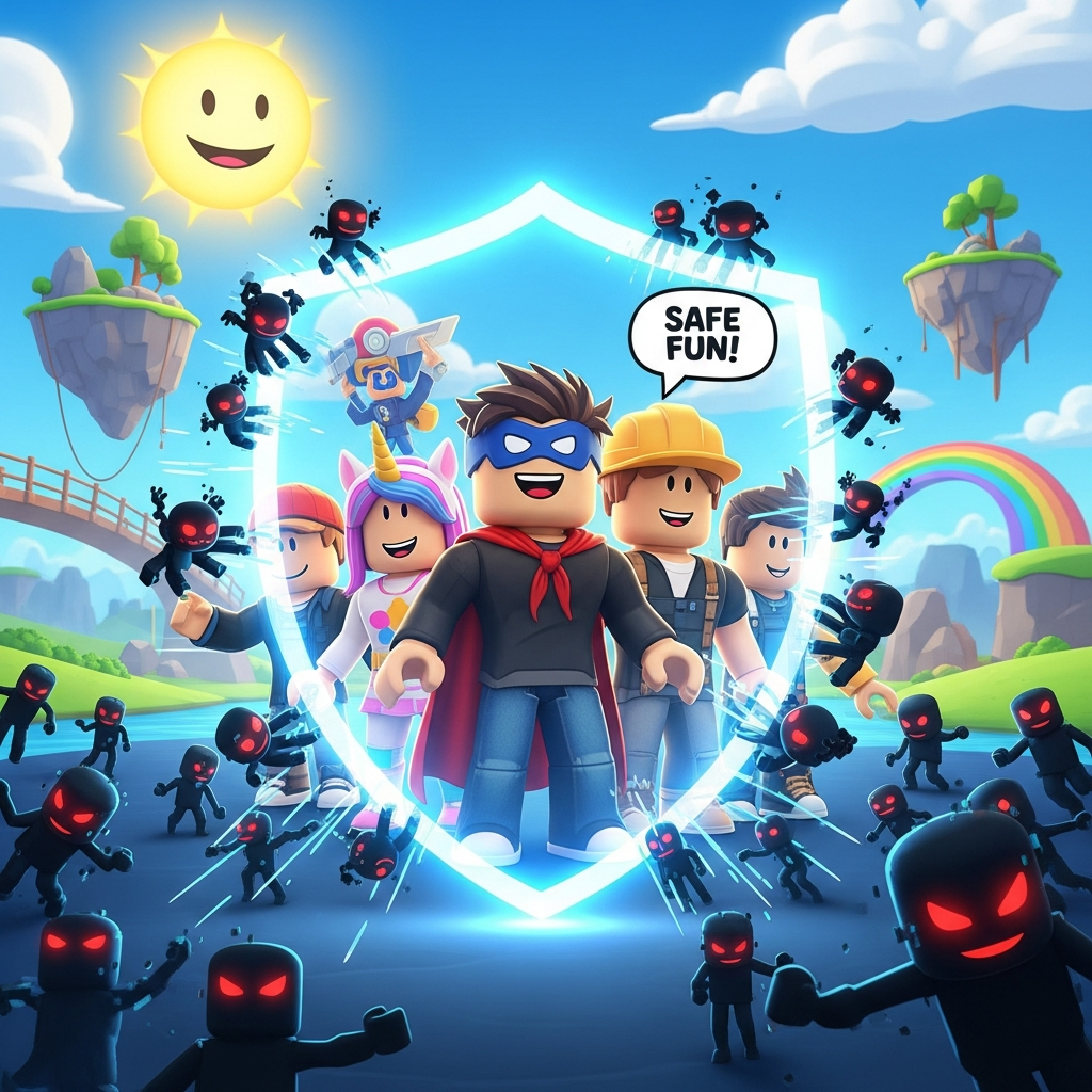 A large, glowing blue shield protecting a group of diverse, happy Roblox avatars from small, pixelated shadowy figures trying to disrupt their game. Focus on online safety.