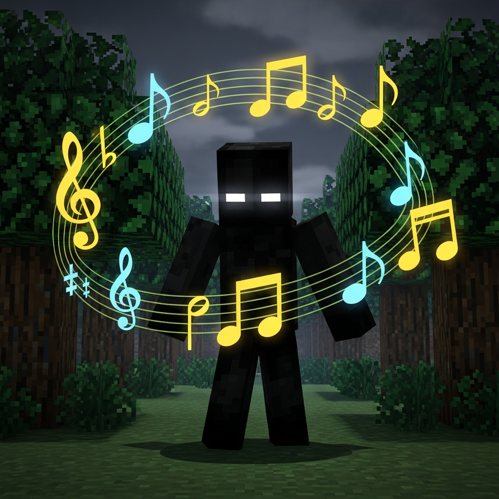 Herobrine, with white eyes, menacingly stands in a dark Minecraft forest, while cheerful, bright Animal Crossing 7 a.m. music notes float around him, digital art, high contrast.