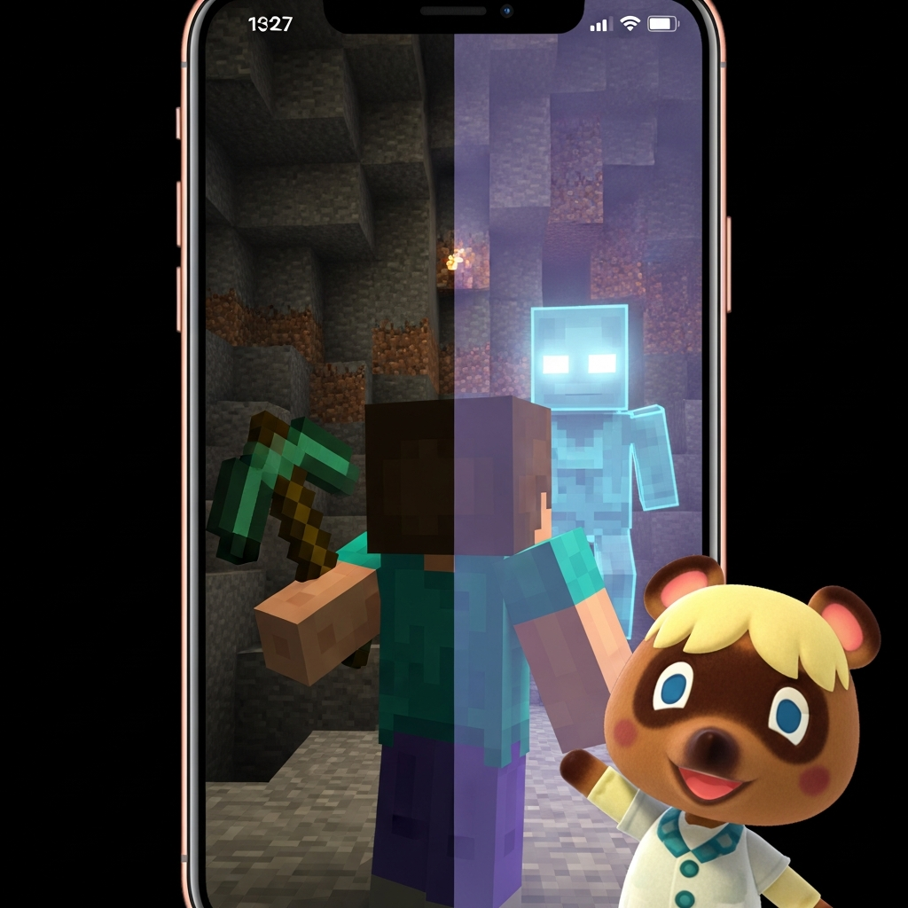 A vertical phone screen view of a pixelated Minecraft player looking back at a ghostly Herobrine, but the bottom corner of the screen shows a bright, happy cartoon Animal Crossing villager with bright cinematic lighting.