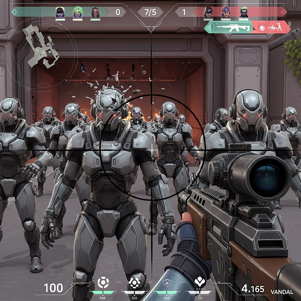 A first-person view of a player practicing Vandal shots in the Valorant training range, focusing on hitting the armored training bots' heads in a row. Dynamic lighting, focused on crosshair placement. Digital art.