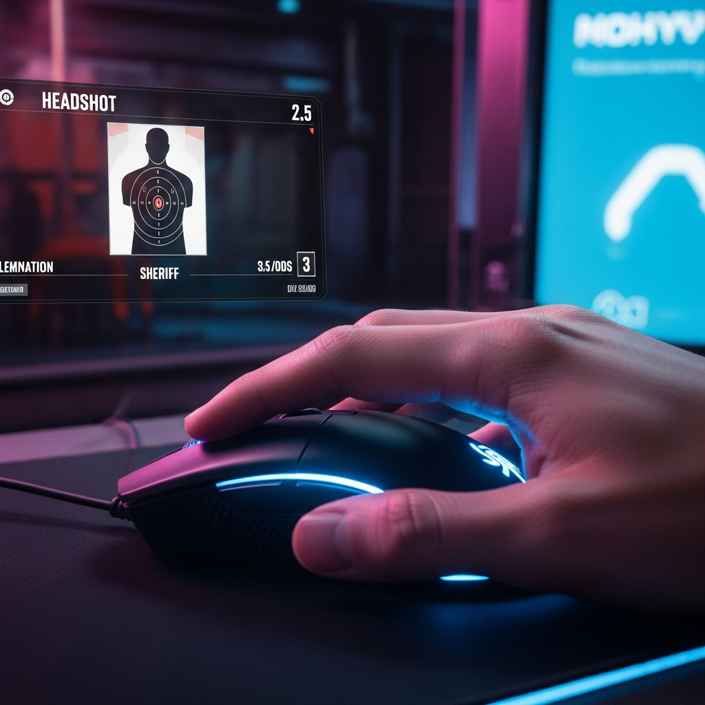 A high-speed, motion-blurred image of a hand quickly flicking a mouse during a Sheriff practice session in the Valorant range. The screen shows a target dummy being instantly eliminated. Cyberpunk aesthetic, high contrast.