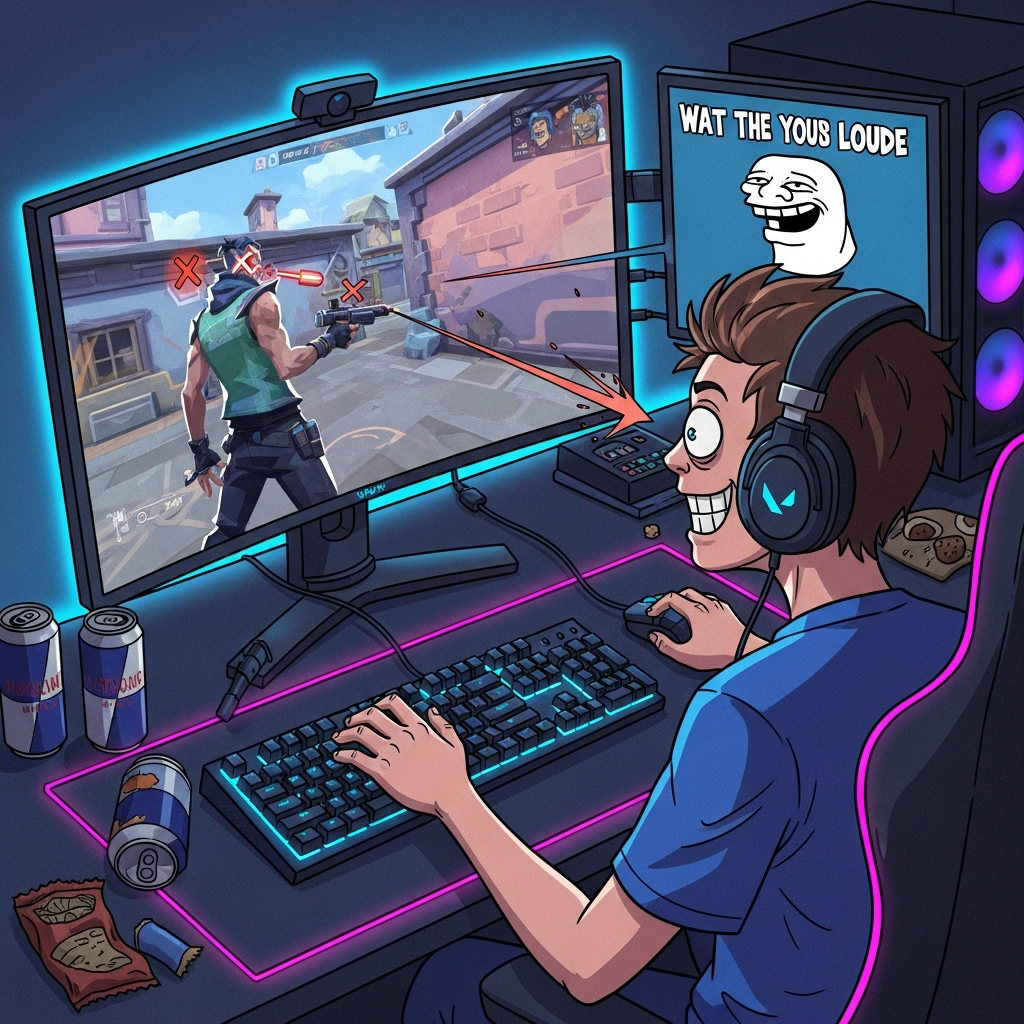 A comical illustration of a gamer playing Valorant, eyes glued to a second screen showing a funny meme, completely unaware their character is being headshotted. Neon gaming setup.