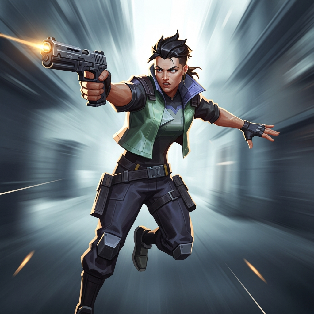Cinematic, high-contrast digital painting of a Valorant agent (like Jett) executing a precise headshot, focused expression, motion blur in the background. Tactical FPS style.