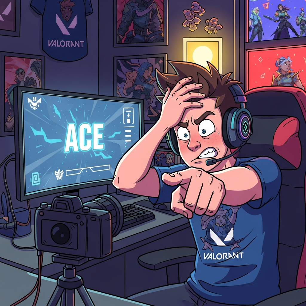 A humorous cartoon style depiction of a streamer sitting in front of a gaming PC. The screen shows a perfect 'ACE' score, but the streamer is slapping his forehead in frustration, pointing at the camera which is clearly powered off and dark. Vibrant lighting, Valorant theme.