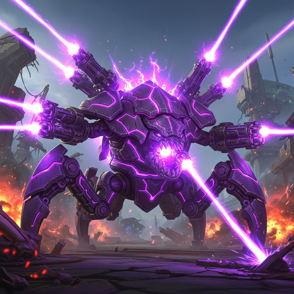 TFT 3-star Urgot, glowing purple, firing plasma cannons, destruction on a futuristic battlefield.