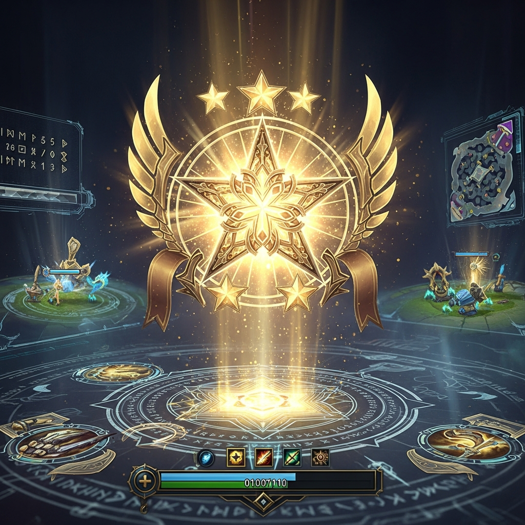 A gold glowing 3-star champion icon appearing dramatically in a digital interface, high fantasy style.