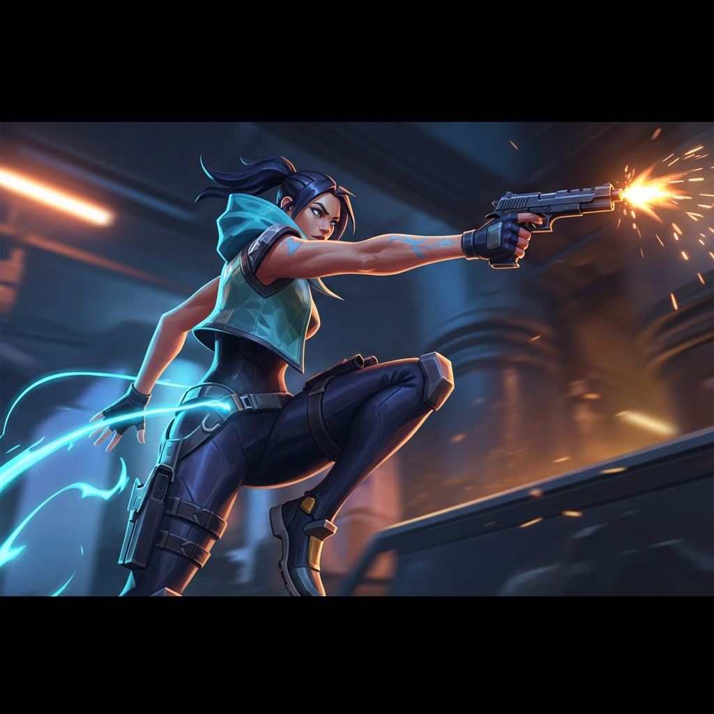 A dramatic, low-angle shot of a Valorant Duelist agent (Jett) rapidly flick-shotting an enemy. Intense focus lines, neon blue and orange lighting, high-speed movement blur, 4K render.