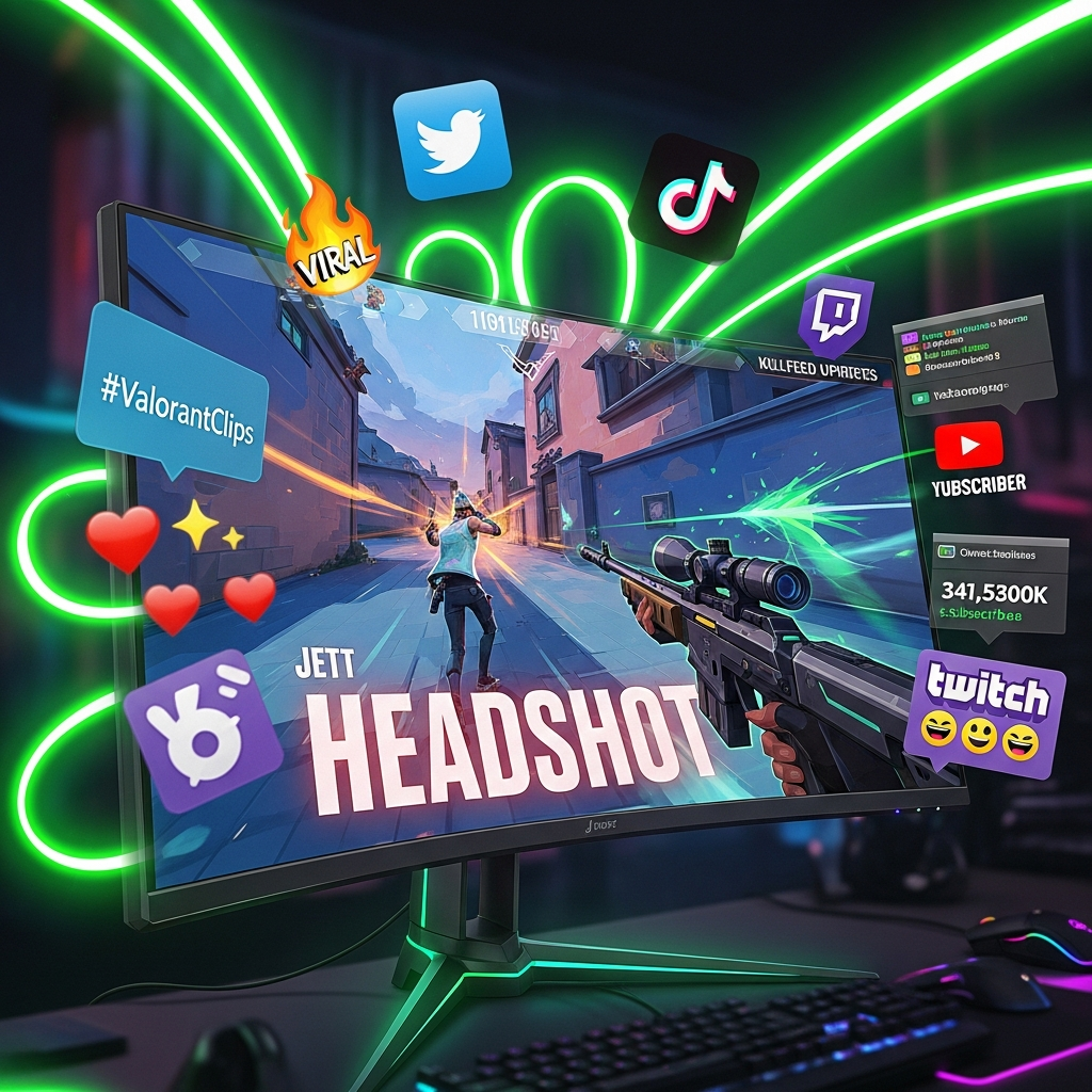 A stylized gaming monitor displaying a viral, fast-paced Valorant highlight clip, surrounded by trending social media icons and glowing green energy, symbolizing extreme popularity and skill.