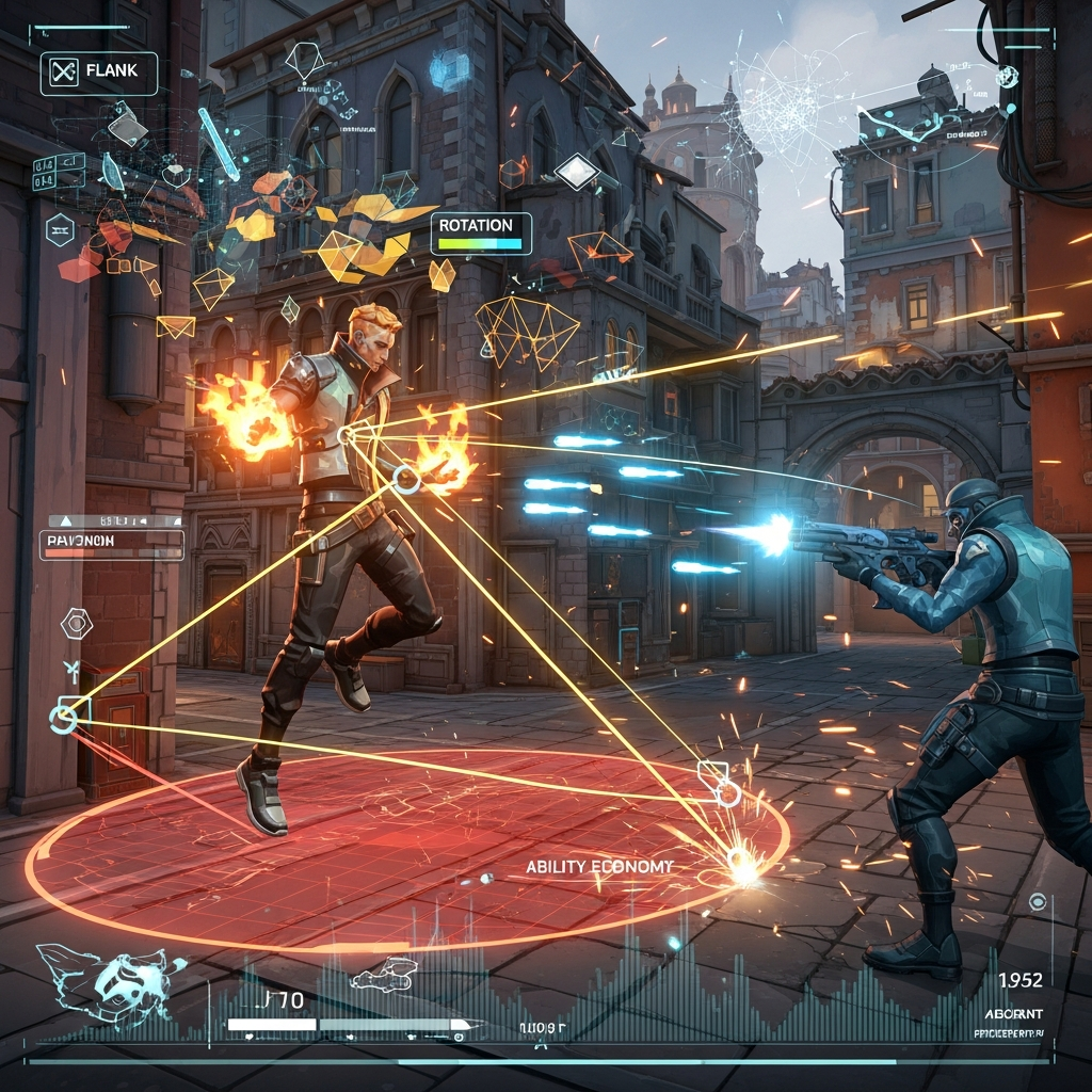 A visually striking VALORANT battle scene overlaid with glowing strategic lines, tactical heatmaps, and data points, emphasizing 'brain-power' over raw aim. Dynamic lighting.