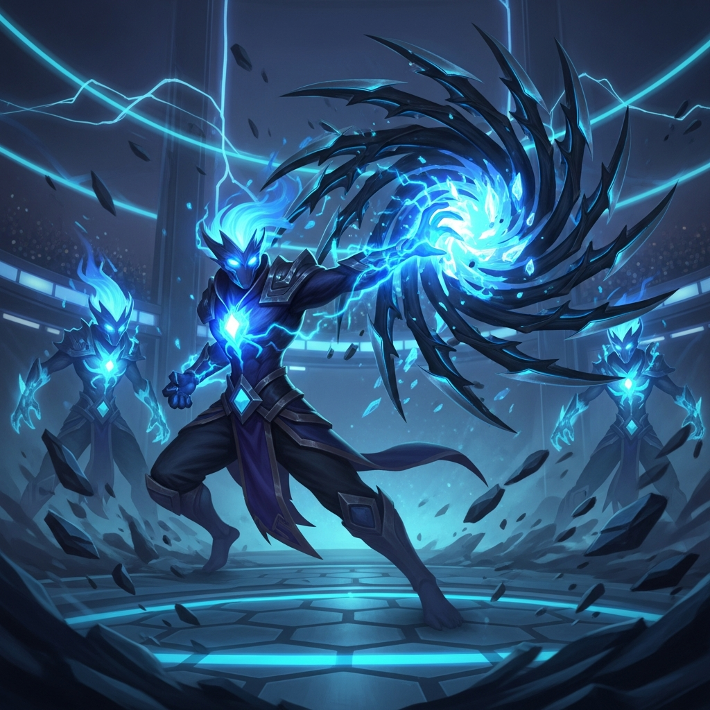 A dramatic, stylized illustration of 3-star Zed, glowing blue, surrounded by swirling shadows, performing a devastating attack in a futuristic TFT arena. Hyper-realistic, game art style.