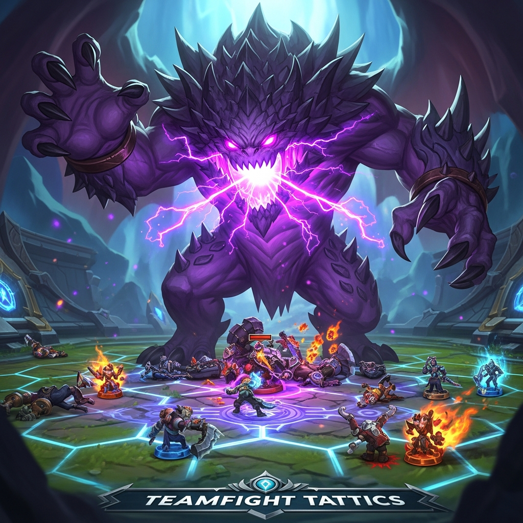 A massive, imposing 3-star Cho'Gath, purple energy radiating from its jaws, standing triumphantly over tiny, defeated enemy units on a vibrant, strategic Teamfight Tactics board. Dramatic lighting, video game style.